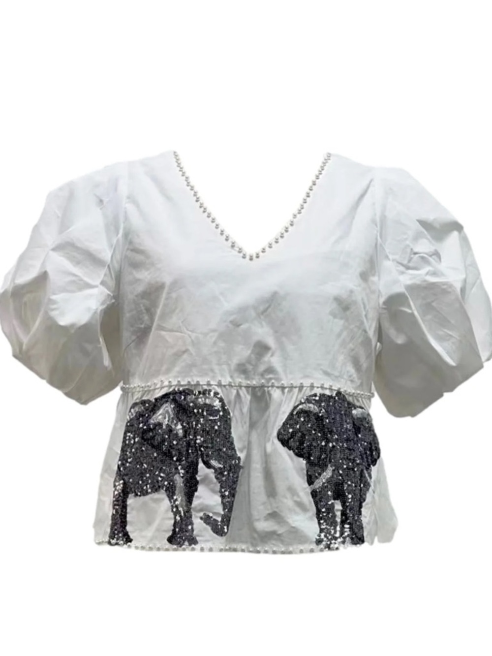 Queen of Sparkles White Elephant Sequin Peplum Top Small Cotton V-Neck Blouse